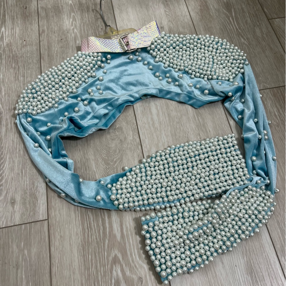 Jackalope Land Daydream Pearl Long Sleeve Baby Blue Iridescent Ultra Crop Top z0 - Picture 11 of 16